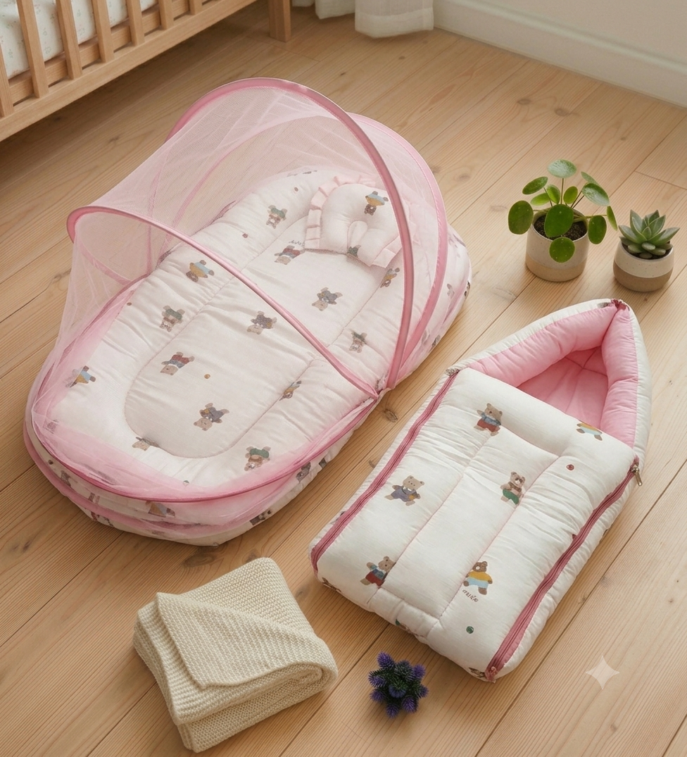 Pure Muslin Baby Nest with Mosquito Net Combo
