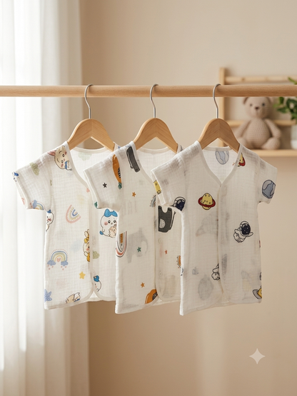 Newborn Crinkled Muslin Short Sleeve Jhabla - 3 pcs Combo - 0 to 9 months