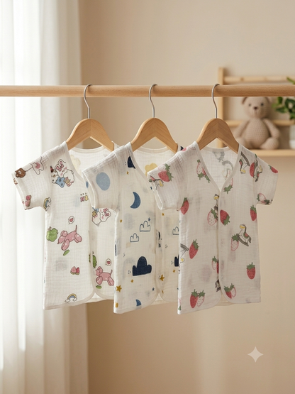 Newborn Crinkled Muslin Short Sleeve Jhabla - 3 pcs Combo - 0 to 9 months