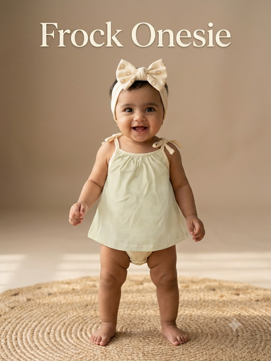 Newborn Baby Girl Frock with Attached Onesie – Soft Cotton Shoulder-Tie Dress (Free Size, up to 6 Months)
