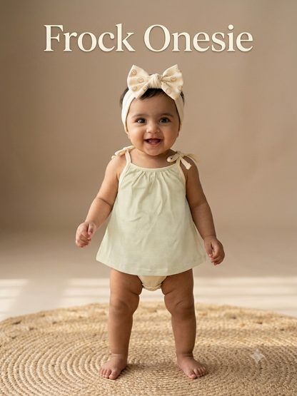 Newborn Baby Girl Frock with Attached Onesie – Soft Cotton Shoulder-Tie Dress (Free Size, up to 6 Months)