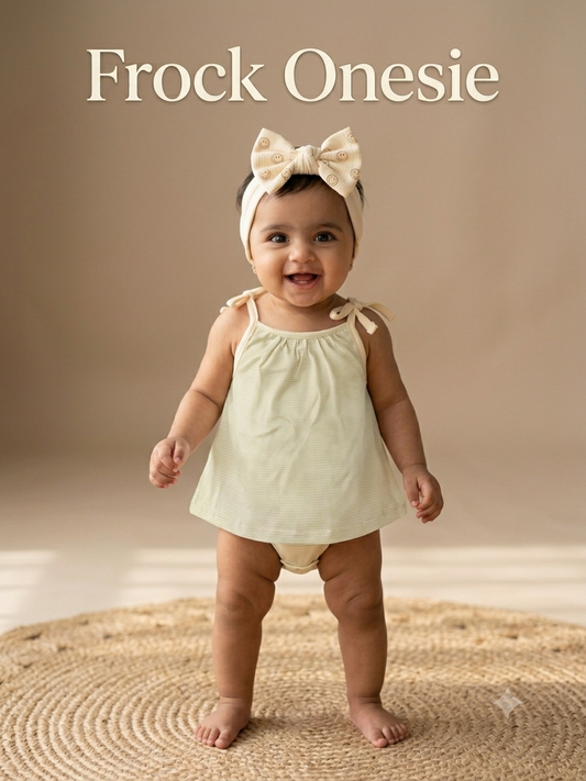 Newborn Baby Girl Frock with Attached Onesie – Soft Cotton Shoulder-Tie Dress (Free Size, up to 6 Months)