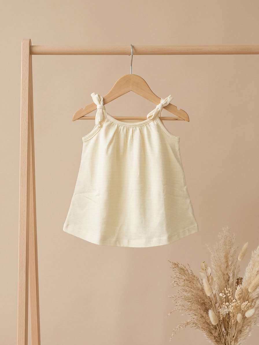 Newborn Baby Girl Frock with Attached Onesie – Soft Cotton Shoulder-Tie Dress (Free Size, up to 6 Months)