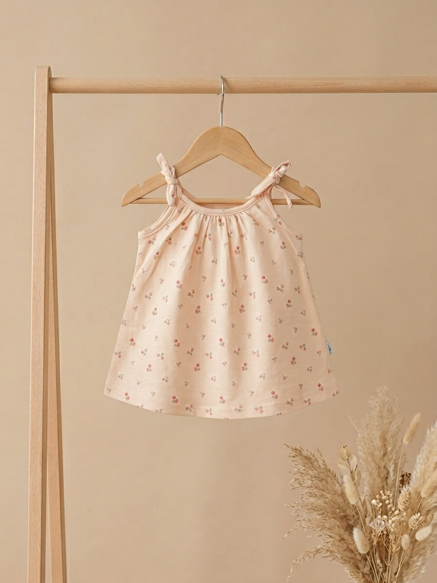 Newborn Baby Girl Frock with Attached Onesie – Soft Cotton Shoulder-Tie Dress (Free Size, up to 6 Months)