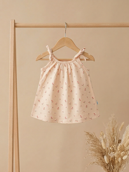 Newborn Baby Girl Frock with Attached Onesie – Soft Cotton Shoulder-Tie Dress (Free Size, up to 6 Months)