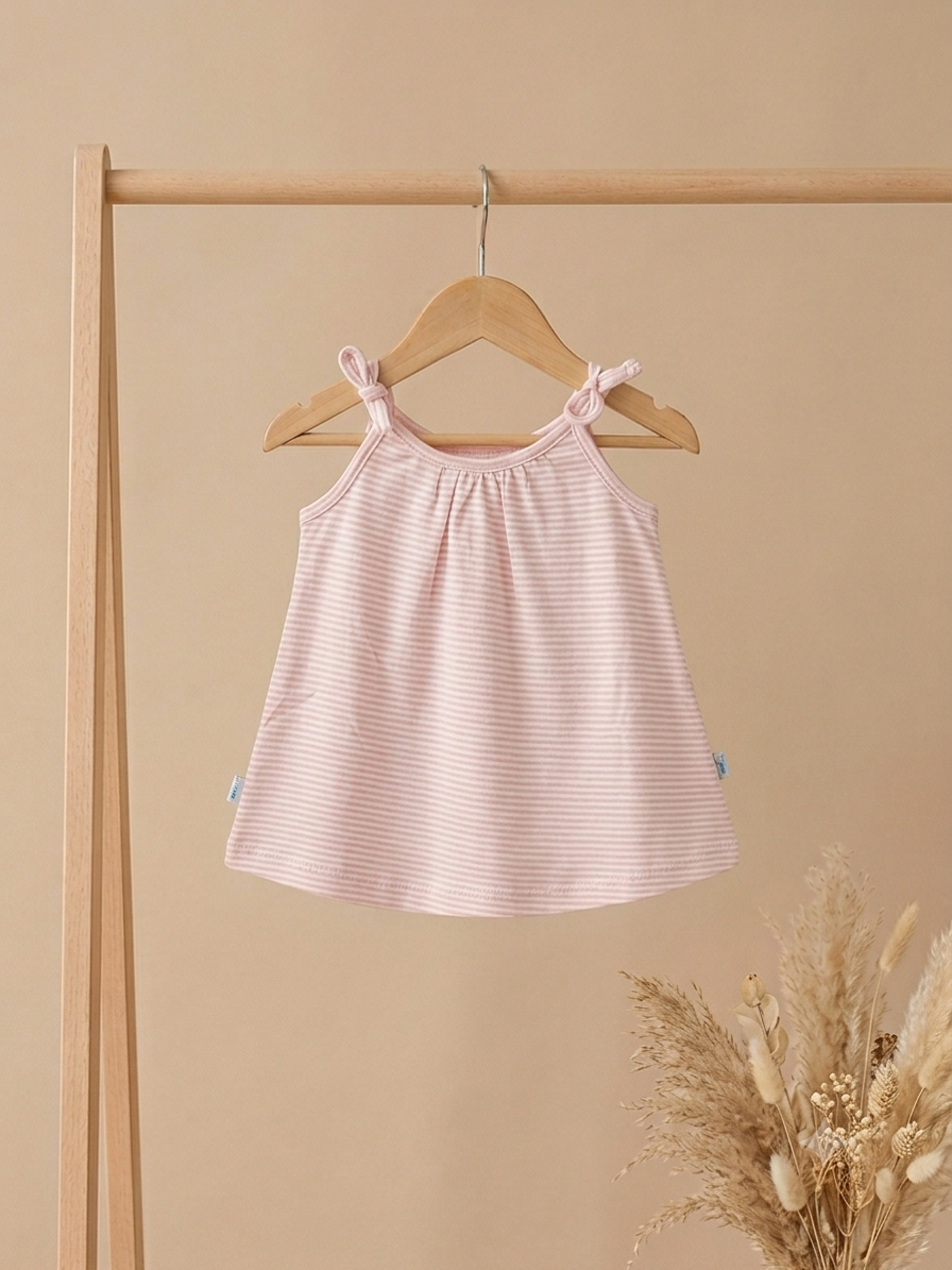 Newborn Baby Girl Frock with Attached Onesie – Soft Cotton Shoulder-Tie Dress (Free Size, up to 6 Months)