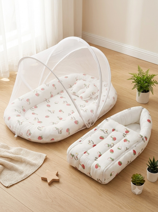 Premium Crinkled Muslin Baby Nest with Mosquito Net Combo