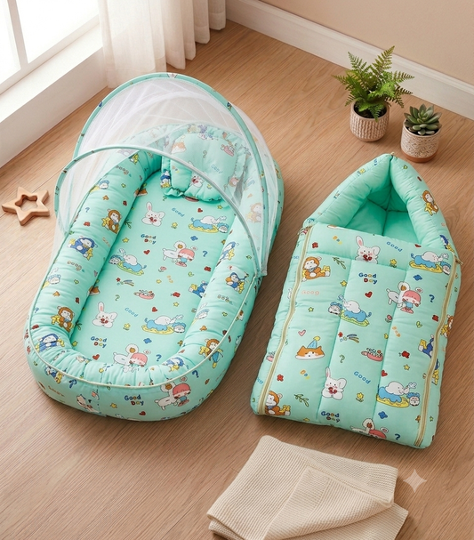 Pure Cotton Baby Nest with Mosquito Net Bed Combo