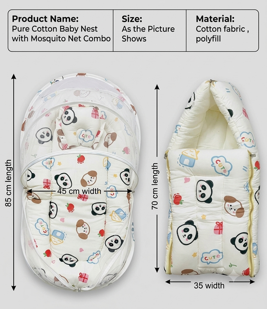 Pure Cotton Baby Nest with Mosquito Net Bed Combo