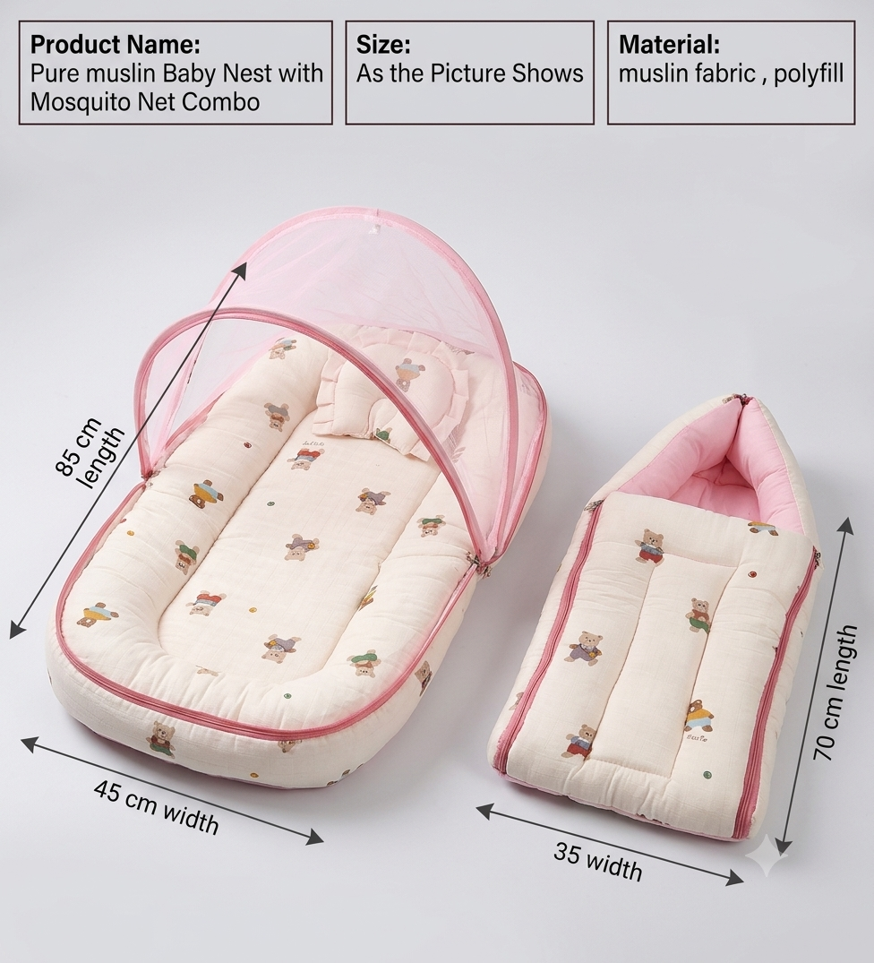 Pure Muslin Baby Nest with Mosquito Net Combo