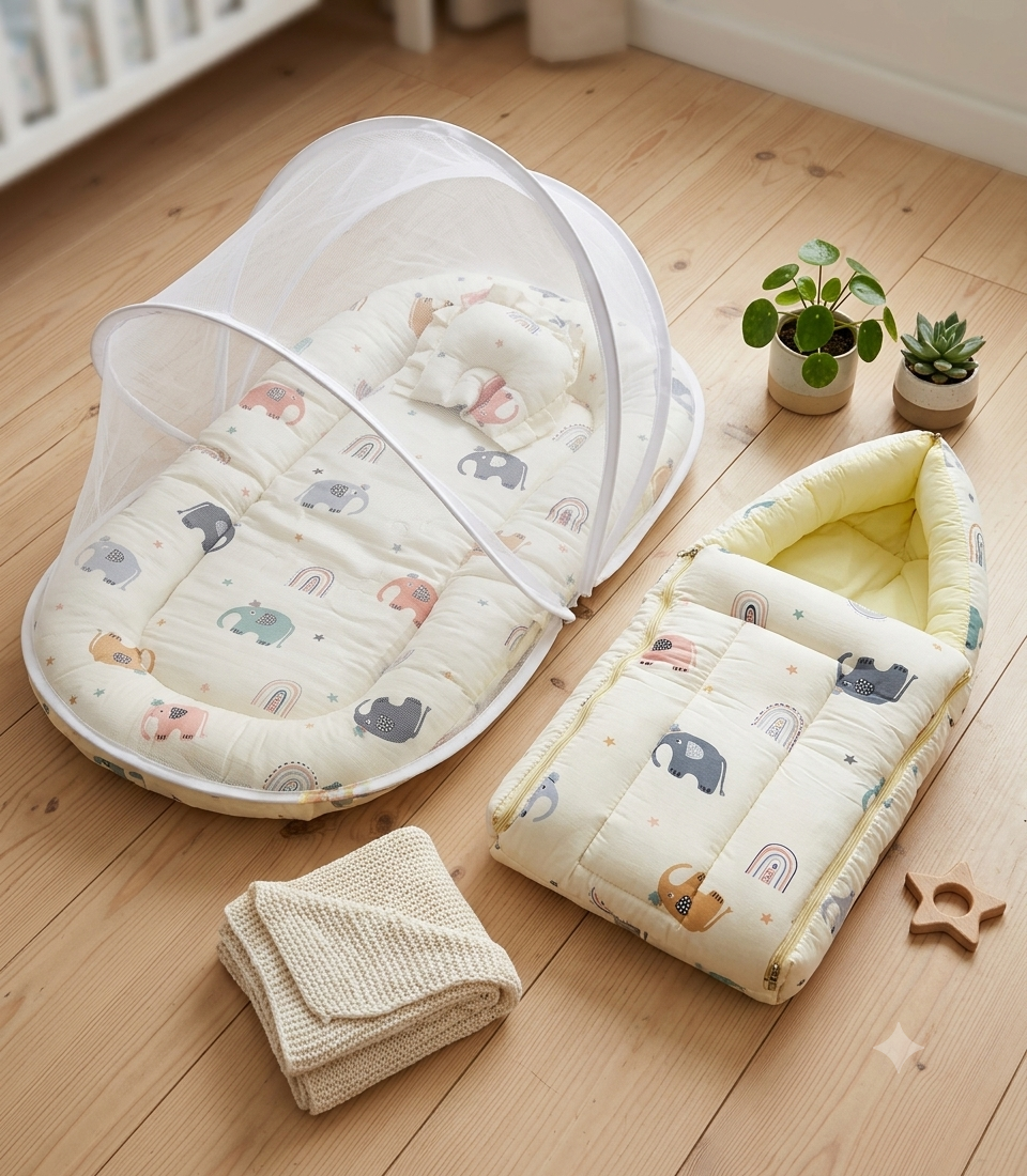 Pure Muslin Baby Nest with Mosquito Net Combo
