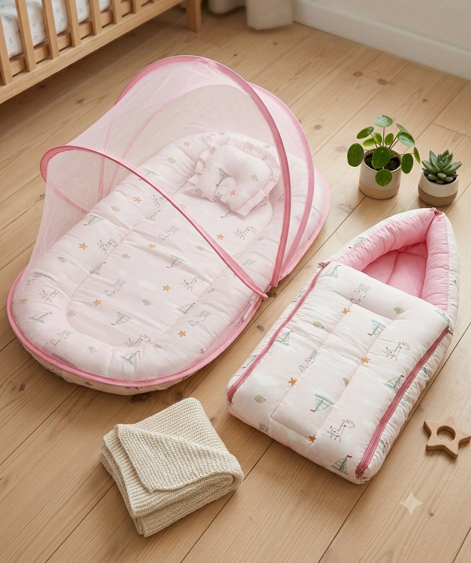 Pure Muslin Baby Nest with Mosquito Net Combo