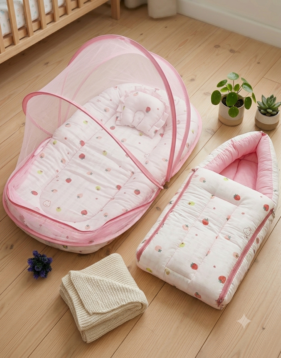 Pure Muslin Baby Nest with Mosquito Net Combo