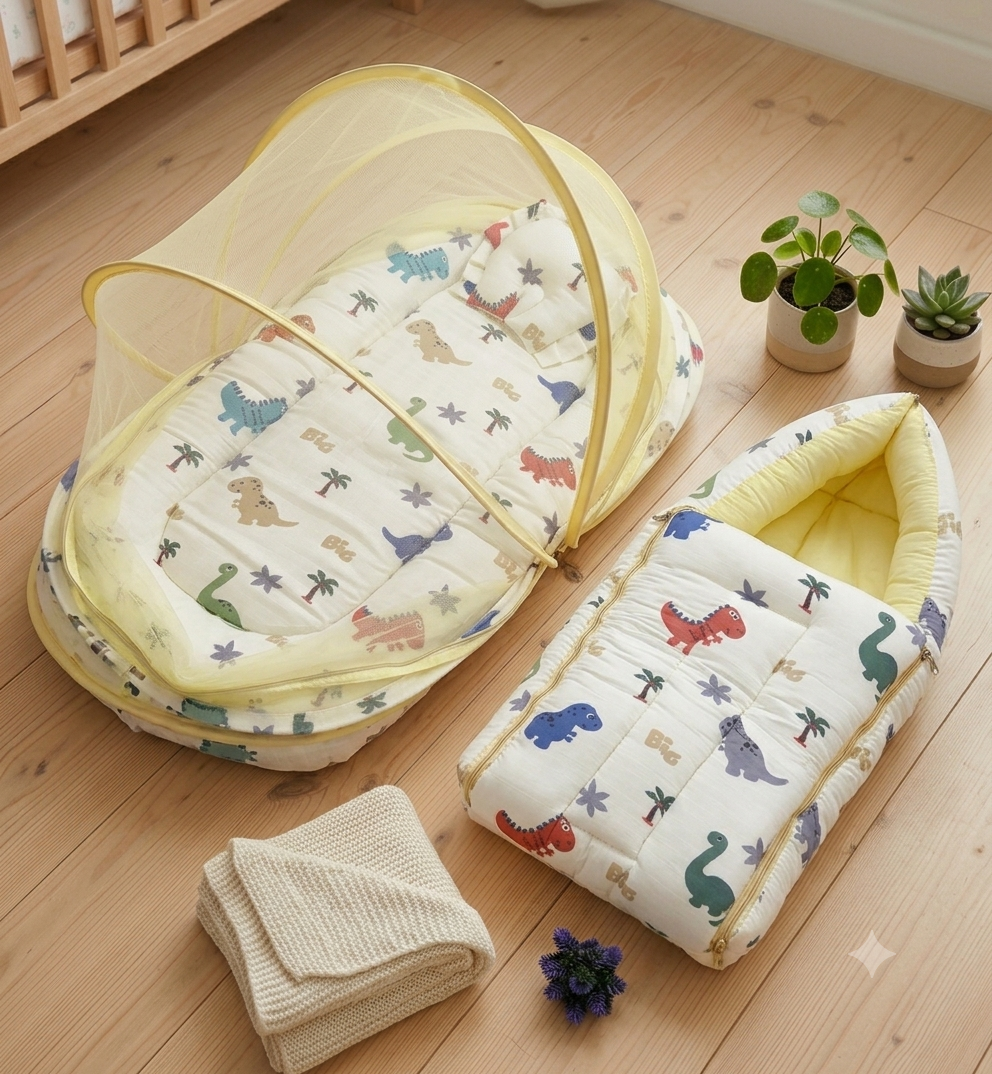 Pure Muslin Baby Nest with Mosquito Net Combo