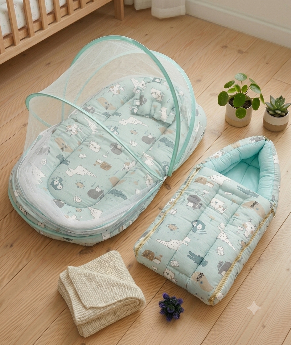 Pure Muslin Baby Nest with Mosquito Net Combo