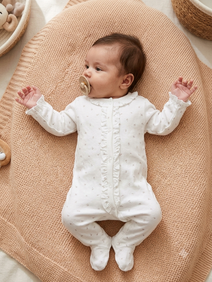 Premium Soft Cotton Frill Sleep Suit – Ideal for 0–3 Months (Unisex)