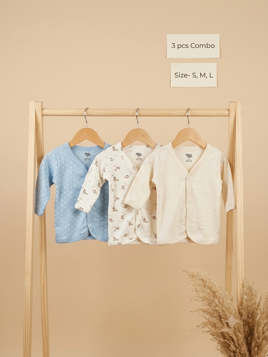 Newborn Full Sleeve Front-Open Soft Cotton Jhabla Sizes: S | M | L- 3 pack combo