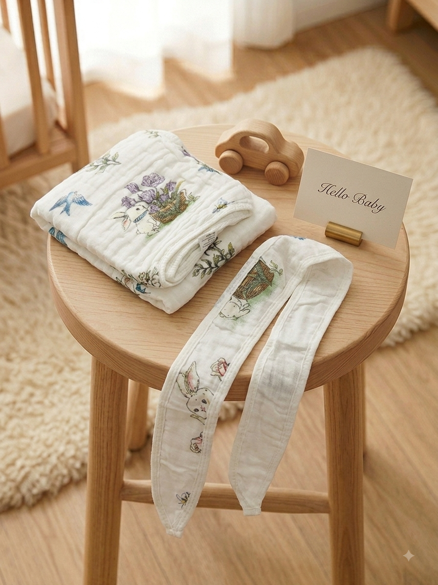 Newborn Hooded Crinkled Muslin Flannel with Wrap Belt