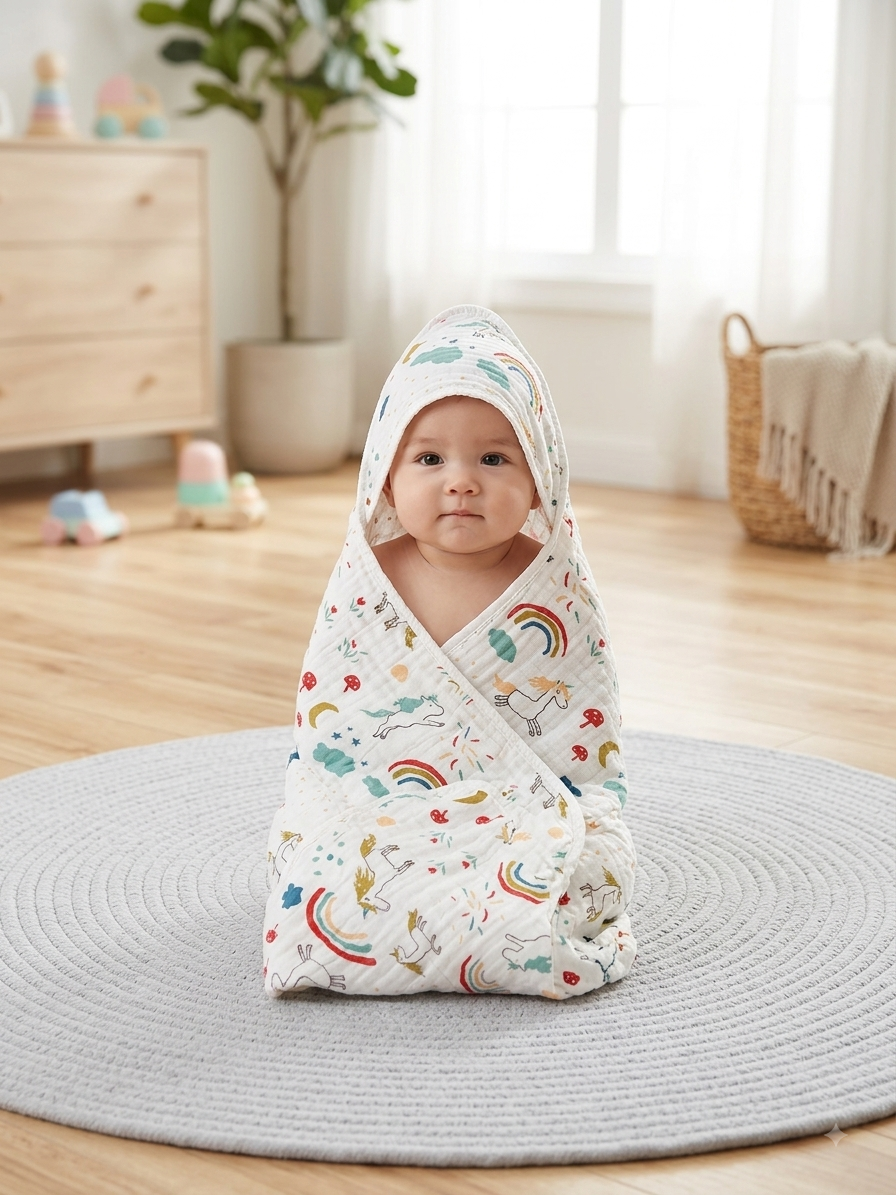Newborn Hooded Crinkled Muslin Flannel with Wrap Belt