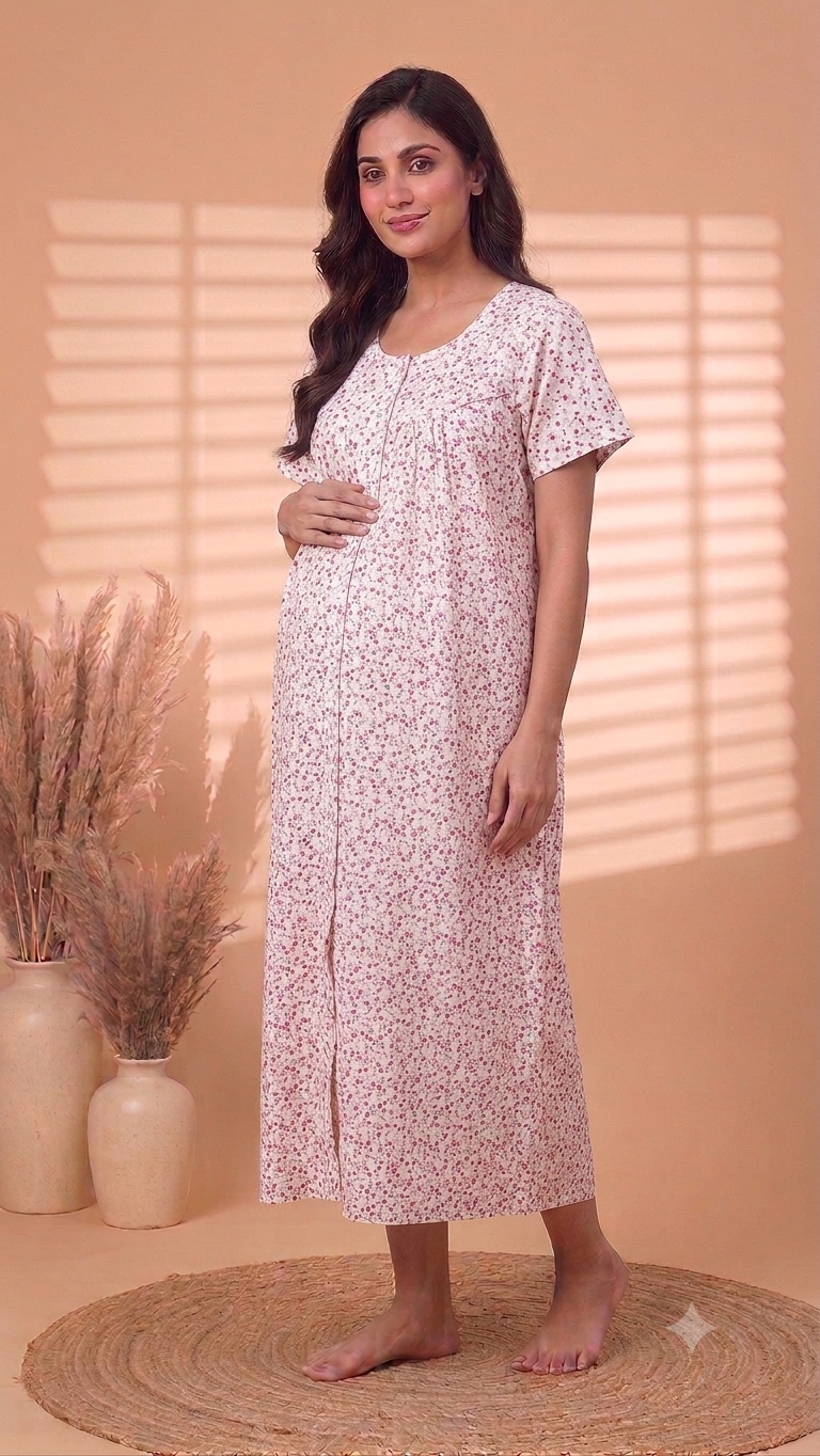 Maternity Full Front Button Open Nighty ( White Base)