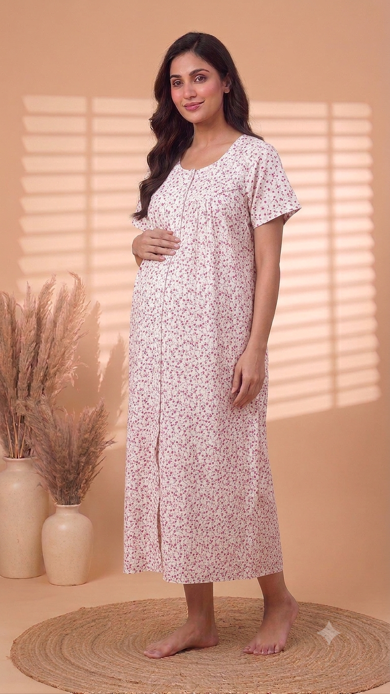 Maternity Full Front Button Open Nighty ( White Base)