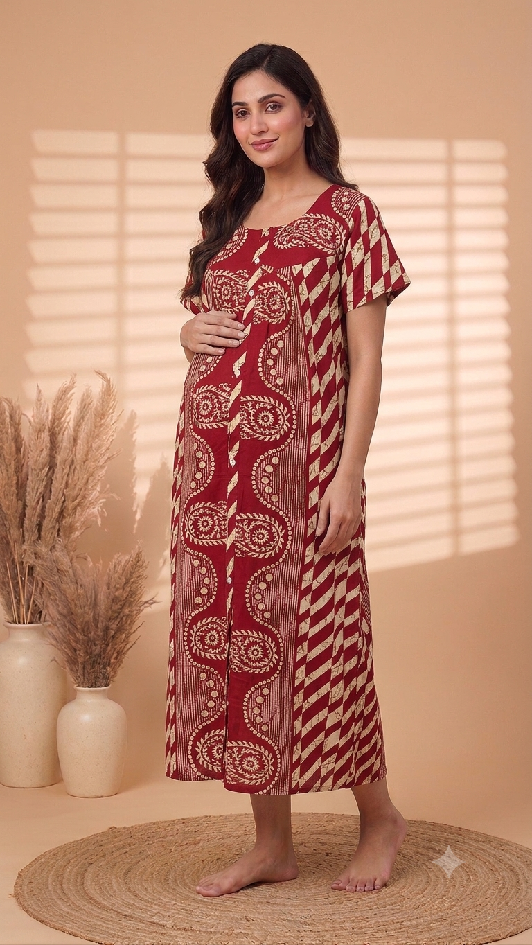 Maternity Full Front Button Open Cotton Nighty ( Color Base)