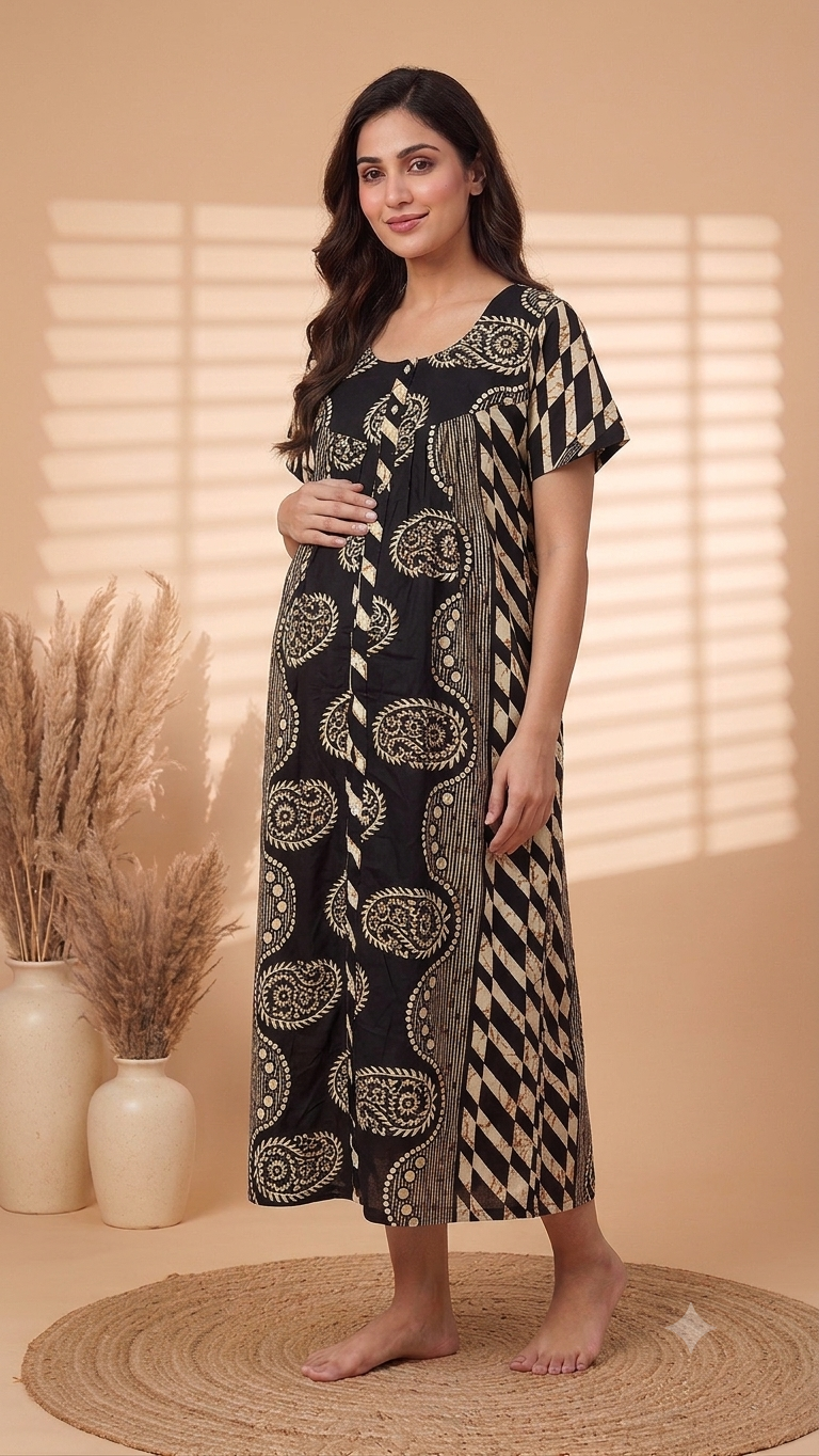 Maternity Full Front Button Open Cotton Nighty ( Color Base)