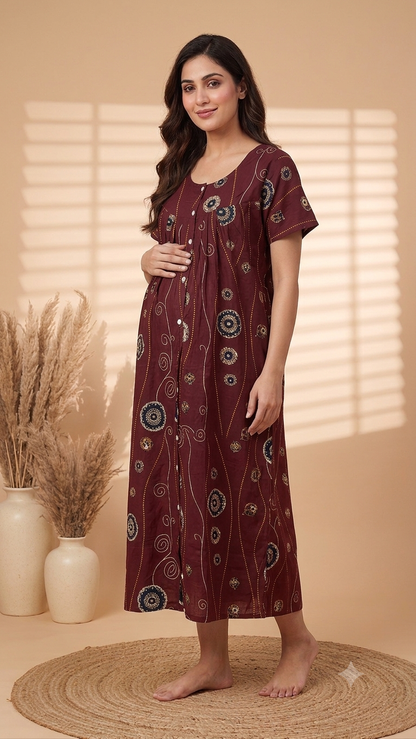 Maternity Full Front Button Open Cotton Nighty ( Color Base)