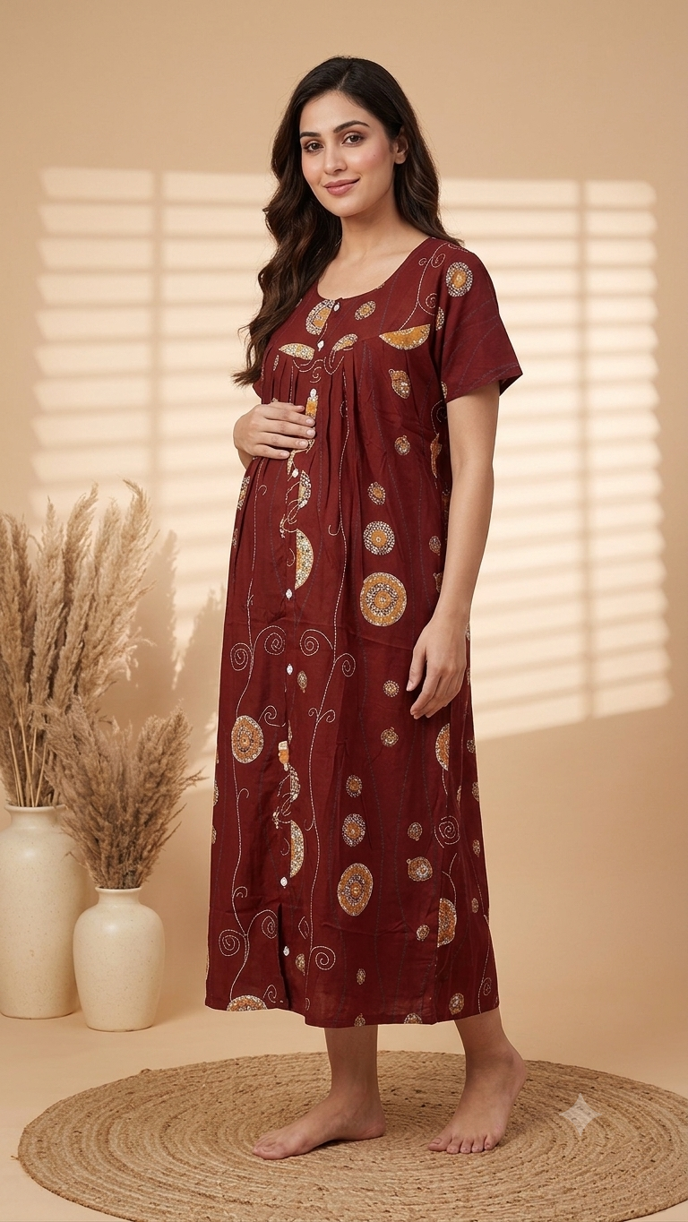 Maternity Full Front Button Open Cotton Nighty ( Color Base)